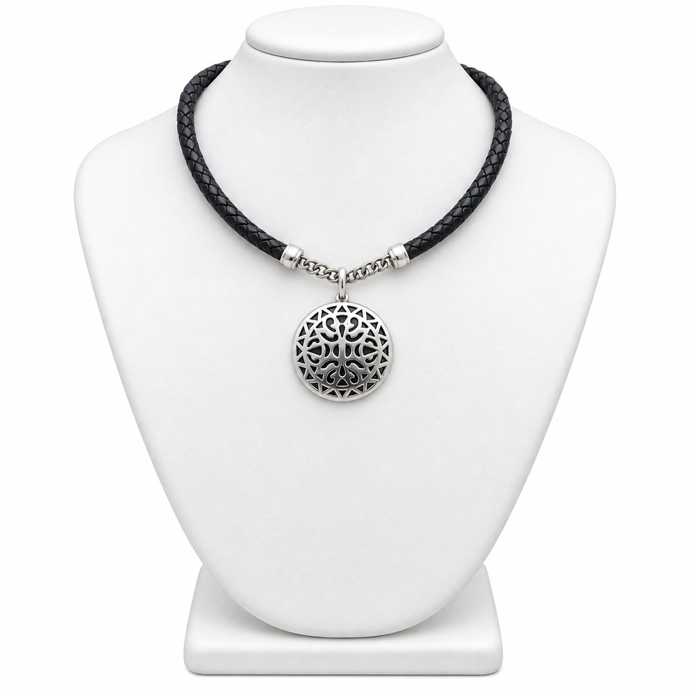 Premier Designs Medallion Silver Plated Genuine Leather Choker Necklace